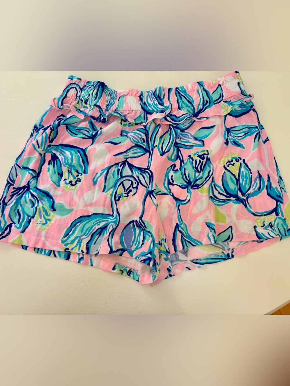 Lilly Pulitzer girls Pink Shorts with Blue & Teal Floral Print Size xl (12-14)